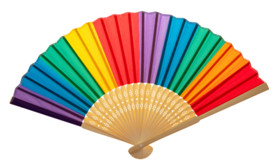 Hand fan isolated on white transparent, Rainbow colors open accessory PNG
