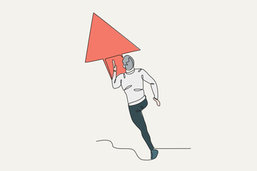 Color illustration of a man heading toward a business goal. Business goal one-line drawing