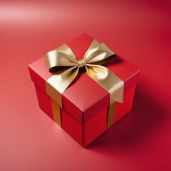 Obraz premium a red box with a gold bow on it gifts red color theme on a red background. ai generative