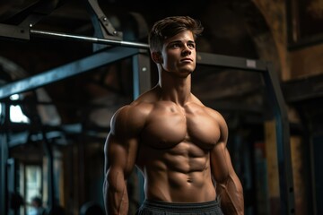 Fototapeta na wymiar Young bodybuilder man at gym, Young male bodybuilder showing his body and posing and doing sports exercises in the gym Ai Generated