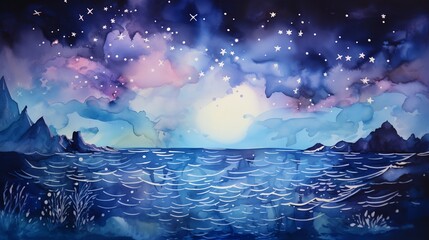 Watercolor night sea