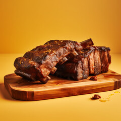 BBQ ribs on a yellow background.