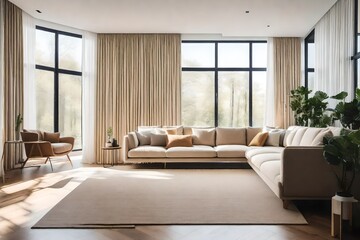 A minimalist haven with a beige sofa, minimal decor, and large windows that allow natural light to flood the space. 