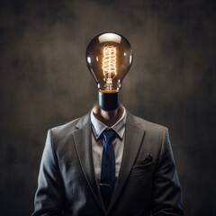 Businessman with light bulb head on a dark background. - obrazy, fototapety, plakaty