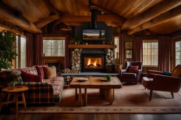 A family room in a vintage cabin with a stone hearth, a retro plaid sofa, and mid-century modern furnishings. It's a delightful blend of nostalgia and comfort.  - obrazy, fototapety, plakaty