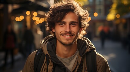 A young smiling man on a city street - obrazy, fototapety, plakaty