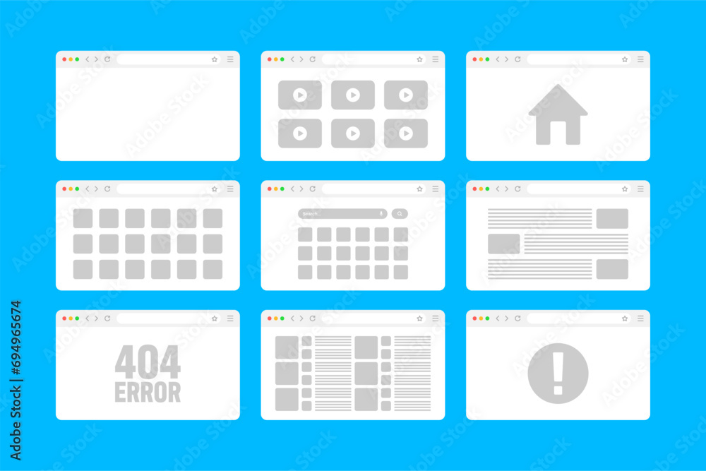Poster web browser window, pages layout with toolbar and search field. modern website, internet page in fla