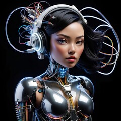 3D rendering of a female robot with futuristic head isolated on black background.  AI generated.