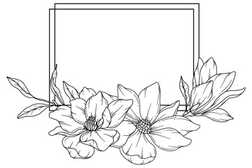 Magnolia Line Drawing. Black and white Floral Frames. Floral Line Art. Fine Line Magnolia illustration. Hand Drawn Outline flowers. Botanical Coloring Page. Wedding invitation flowers