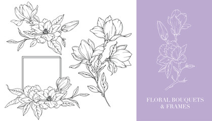 Magnolia Line Drawing. Floral Frames and Bouquets. Floral Line Art. Fine Line Magnolia Frames Hand Drawn Illustration. Hand Drawn Outline Magnolias. Botanical Coloring Page. Magnolia Isolated