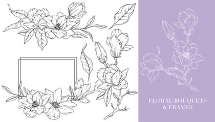 Fototapeta premium Magnolia Line Drawing. Floral Frames and Bouquets. Floral Line Art. Fine Line Magnolia Frames Hand Drawn Illustration. Hand Drawn Outline Magnolias. Botanical Coloring Page. Magnolia Isolated