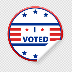 Concept of responsibility USA voting 2024 icon. Circle sticker with I voted, on American flag. Round American elections labels.