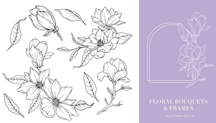 Magnolia Line Drawing. Floral Frames and Bouquets. Floral Line Art. Fine Line Magnolia Frames Hand Drawn Illustration. Hand Drawn Outline Magnolias. Botanical Coloring Page. Magnolia Isolated