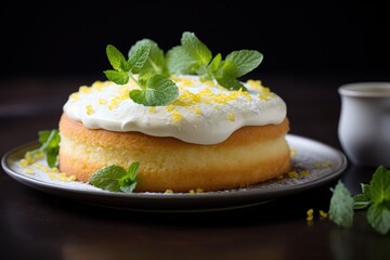 Obraz na płótnie Canvas Delicate vanilla sponge cake with ricotta cream, lemon glaze