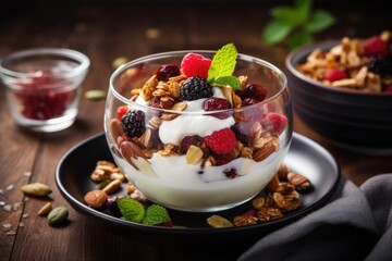 Granola with yogurt and nuts - obrazy, fototapety, plakaty