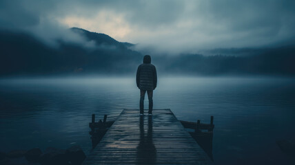 Solitary person on a Misty moody Dock - obrazy, fototapety, plakaty