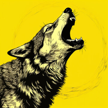Wolf howling on yellow background.
