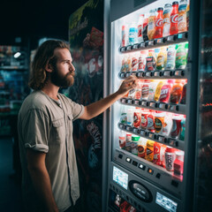 Man purchasing from a vending machine. - obrazy, fototapety, plakaty