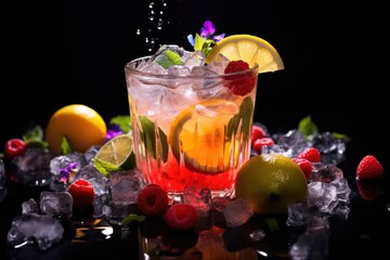 Colorful fruit cocktail with ice, lemon and mint in the bar