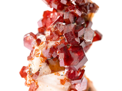 macro close up of natural vanadinite crystals on white background