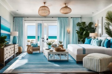 Create a serene and breezy atmosphere with light blues, sandy neutrals, and seashell accents. Incorporate beach-inspired décor for a relaxing coastal retreat. 