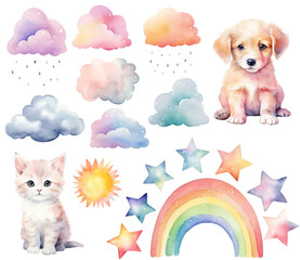 Fototapeta na wymiar Watercolor puppy, kitty. Set of vector hand drawn nursery elements, clouds rainbow, stars, wall stickers