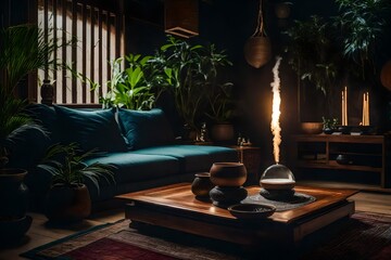 This Zen Den embodies the essence of Zen philosophy with a simple sofa, meditation cushions, and a single incense burner. 