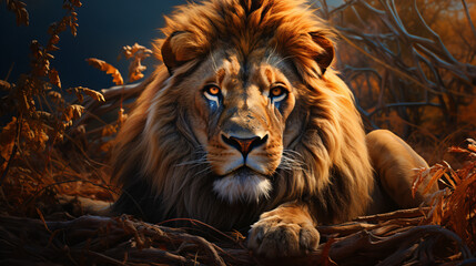 Fototapeta premium View of a wild lion. Generative AI