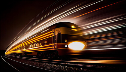 Train passing by with long exposure trails of light and dynamic movement, creating a sense of speed and motion background, Ai generated image.