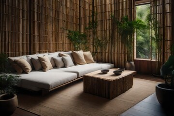 A serene nook with a low, beige sofa, bamboo blinds, and a small Zen rock garden. 