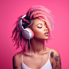 Woman with dreadlocks listening to music on pink background.