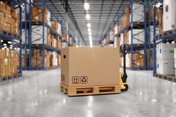 Pallet truck with a cardboard box in a warehouse. Large warehouse full of shelves, boxes and packaging on pallets. Logistics and distribution center for products. 3D rendering.