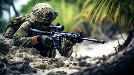 Soldier with camouflage and weapon on the beach coast background.
