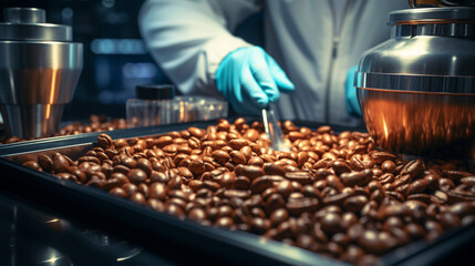 Premium Coffee testing and quality checking in a lab with brown raw coffee beans samples and scientist hands with light blue color gloves     - obrazy, fototapety, plakaty