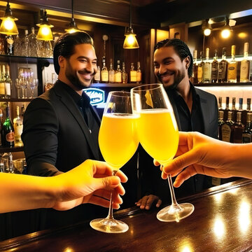 Amigos Brindando En La Barra De Un Bar 