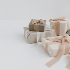 Gift box packaging concept. Holiday celebration composition. Elegant decorated Christmas, New Year gifts