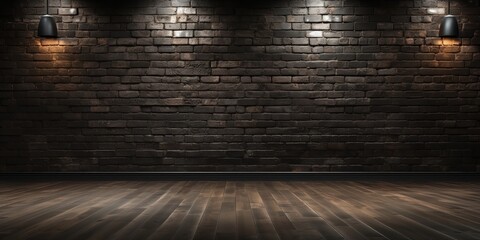 Large room with dark wooden floors and a black brick wall with texture.