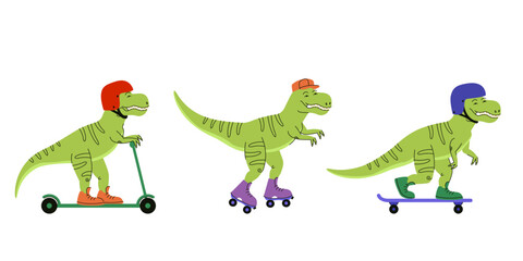 Set of riding tyrannosauruses. Funny predators in doodle style.