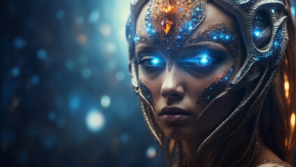 Beautiful female Alien character. Alien Concept. Hybrid character with Gems elements on futuristic background