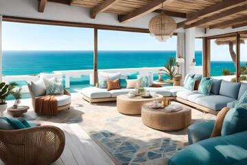Overlooking the ocean, this lounge combines Bohemian flair with coastal vibes. Low-slung seating, seashell decor, and breezy fabrics make it a perfect seaside retreat.  - obrazy, fototapety, plakaty