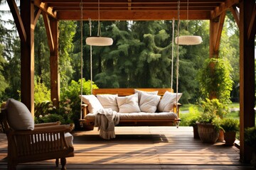 Beautiful wooden terrace with garden furniture and swing surrounded by greenery on a warm, summer...