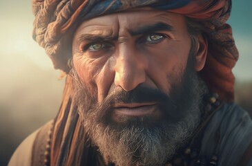 Ancient Persian nomad warrior portrait. Nomadic traditional tribesman fighter with headwrap. Generate ai