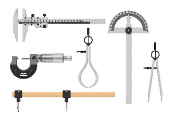 Industrial measuring instruments caliper thickness gauge micrometer divider set realistic vector