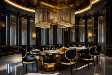 Fototapeta na wymiar An extravagant dining area showcasing the glamour of the Art Deco era, with a sleek table and gilded accents. 
