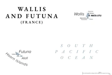 Fotobehang Wallis and Futuna, gray political map. Island collectivity of France in the South Pacific with capital Mata Utu, consisting of 3 main volcanic tropical islands Wallis, Futuna and uninhabited Alofi. © Peter Hermes Furian