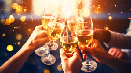 Close up photo of people hands doing champagne toast - ai generative - obrazy, fototapety, plakaty