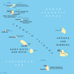 From Anguilla to Montserrat, political map. Islands in the Caribbean, part of Leeward Islands and Lesser Antilles. Anguilla, Saint Martin, Saint Kitts and Nevis, Antigua and Barbuda, and Montserrat. - obrazy, fototapety, plakaty