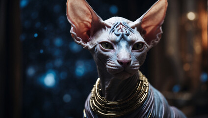 Obraz premium Sphynx cat alien character. Portrait of a cat alien from other galaxy on futuristic background