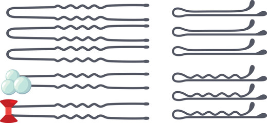 Women s hair pins metal tools for hairstyling and shaping coiffure beauty care items set vector flat - obrazy, fototapety, plakaty