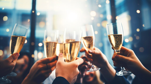 Close up photo of people hands doing champagne toast - ai generative